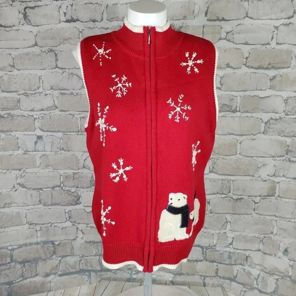 Vintage 90s Embroidered Knit Full Zip Vest Polar Bears Red Large cleo - Picture 1 of 15